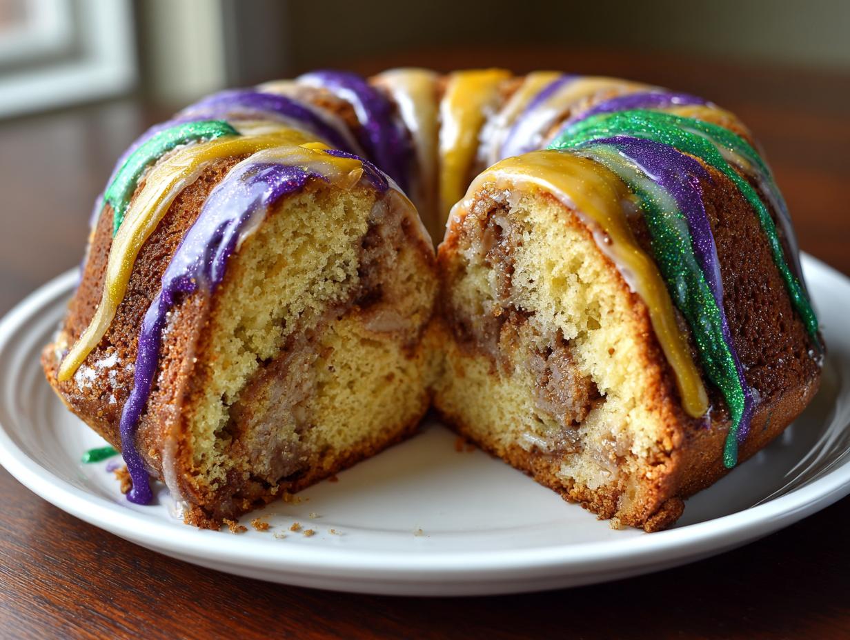 A sliced King Cake showing the cinnamon swirl filling and vibrant purple, green, and gold icing.