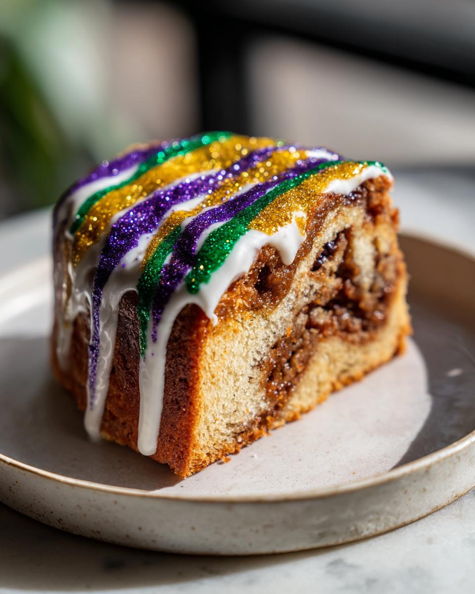A close-up slice of delicious King Cake featuring cinnamon swirl filling and topped with white icing and purple, green, and gold glitter.