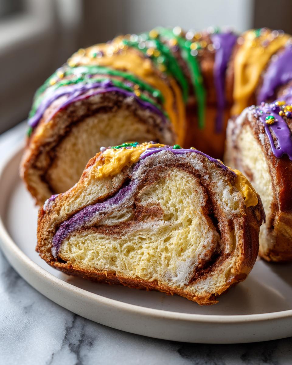 A cross-section slice of a rich, swirled King Cake showing cinnamon filling and bright purple, green, and yellow icing.
