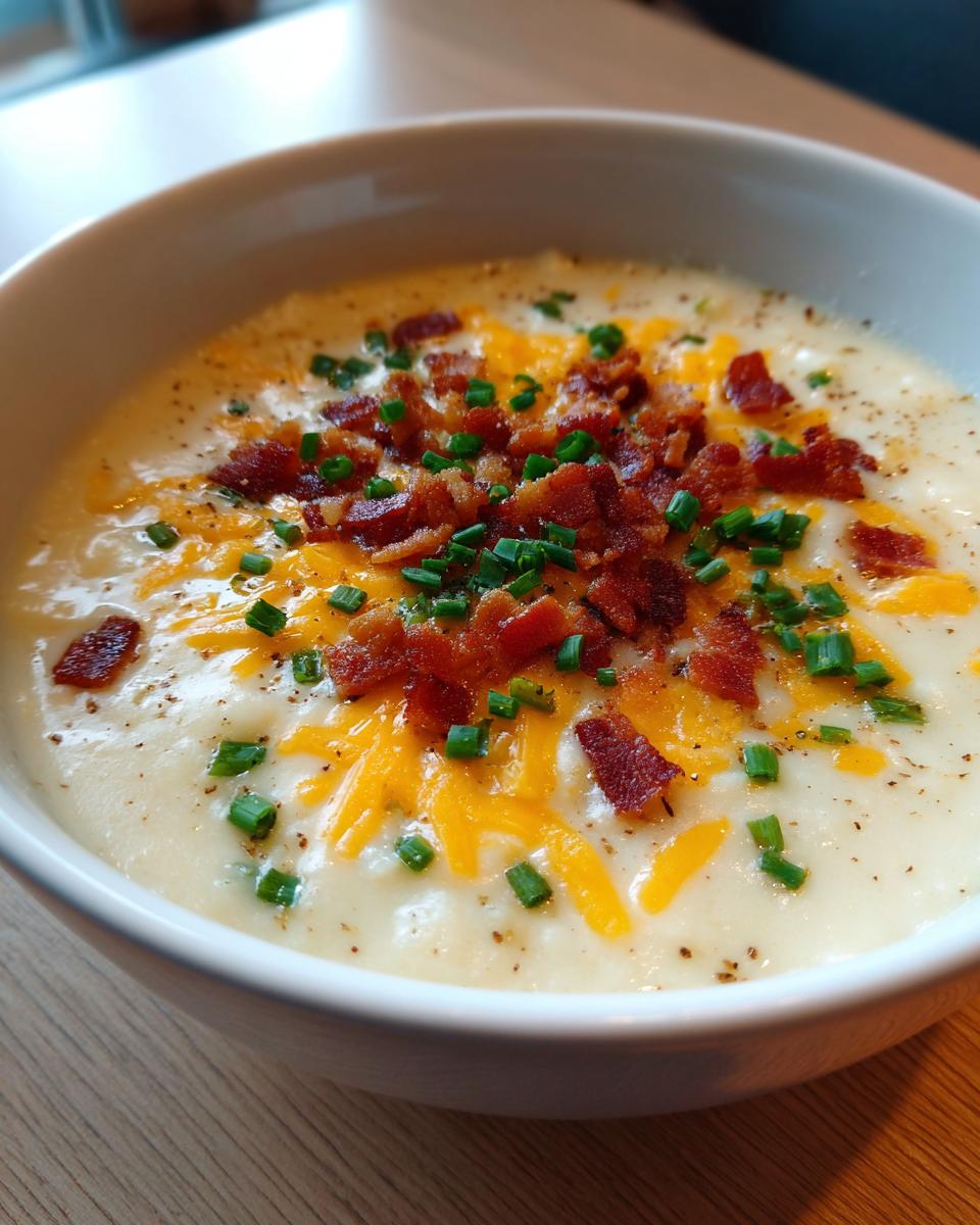 A close-up of a bowl of creamy Loaded Baked Potato Soup topped generously with shredded cheddar cheese, crispy bacon bits, and fresh chives.