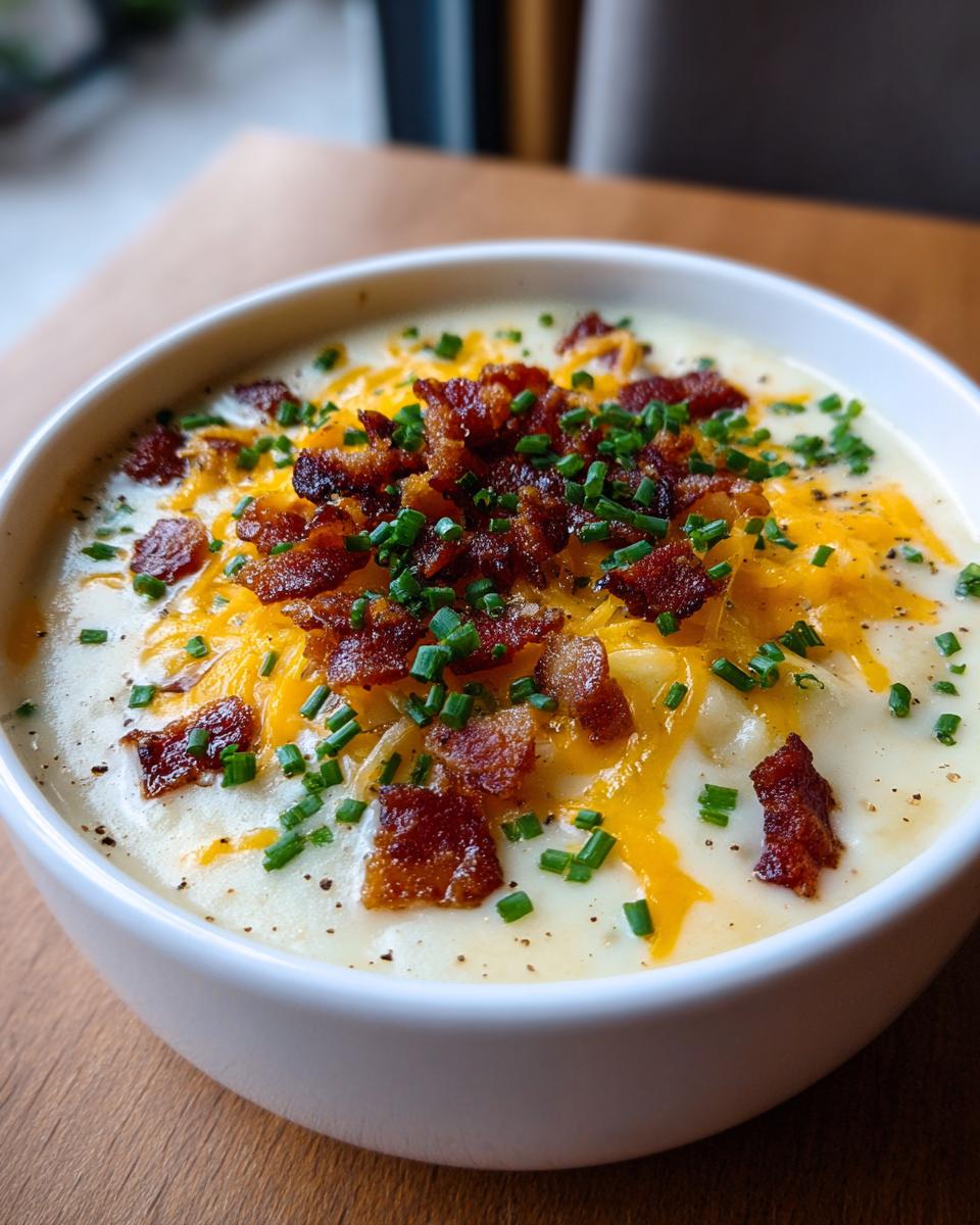 A close-up of a bowl of creamy Loaded Baked Potato Soup topped generously with shredded cheddar cheese, crispy bacon bits, and fresh chives.