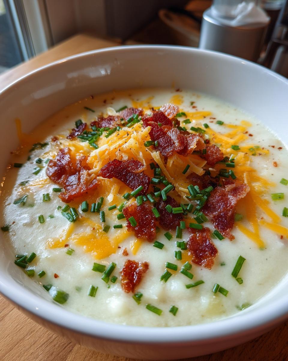 A creamy bowl of Loaded Baked Potato Soup topped generously with shredded cheddar cheese, crispy bacon bits, and fresh chives.
