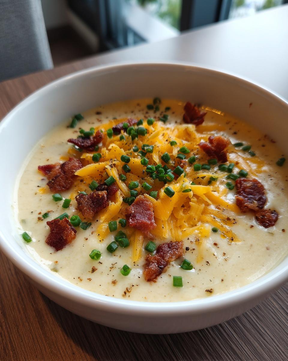 A close-up of a creamy bowl of Loaded Baked Potato Soup garnished generously with shredded cheddar, bacon bits, and fresh chives.