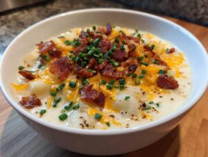 A close-up of a white bowl filled with creamy Loaded Baked Potato Soup, topped generously with shredded cheddar cheese, bacon bits, and fresh chives.