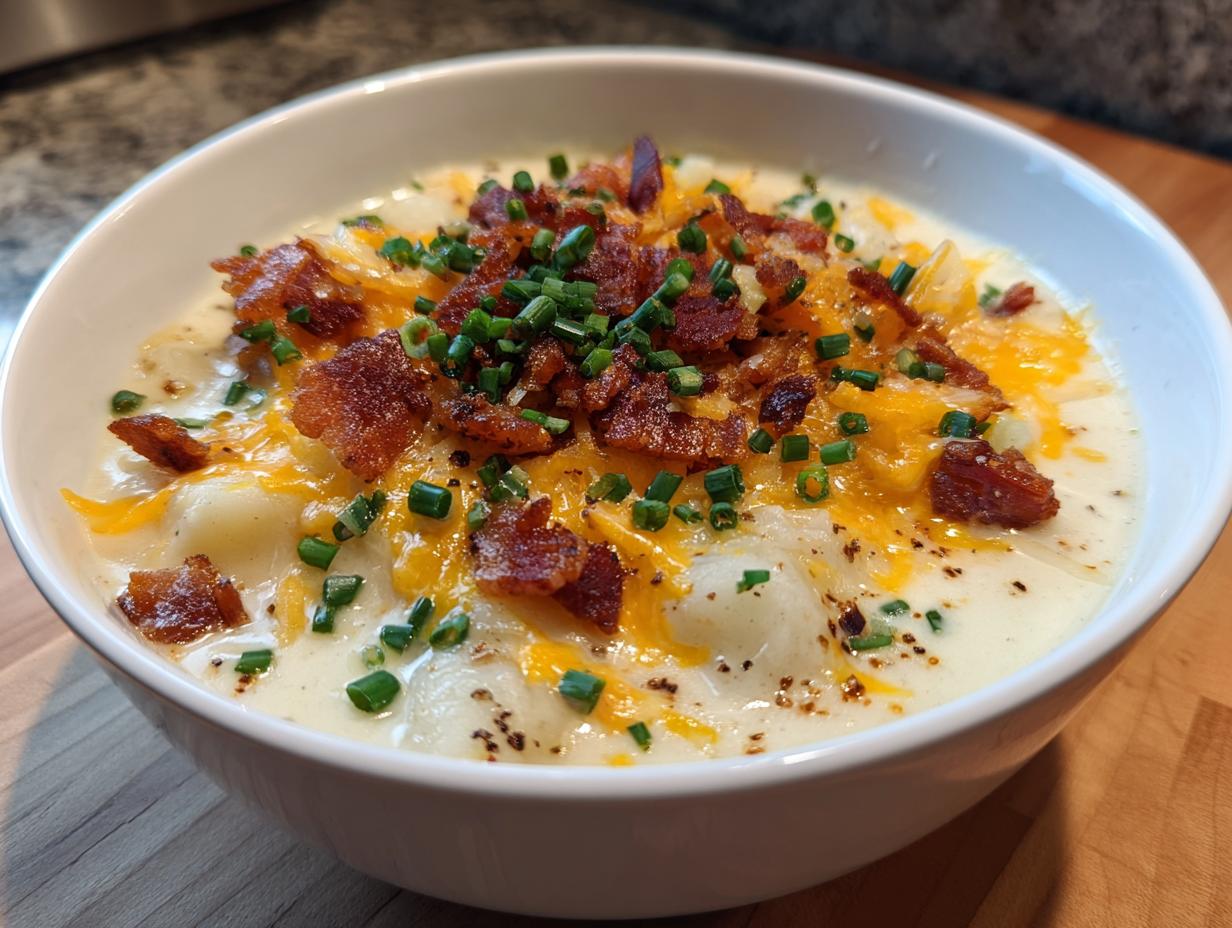 A close-up of a white bowl filled with creamy Loaded Baked Potato Soup, topped generously with shredded cheddar cheese, bacon bits, and fresh chives.