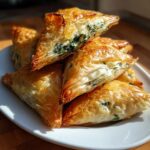 A pile of golden, flaky Mediterranean Spinach and Feta Cheese Crisps stacked on a white plate.