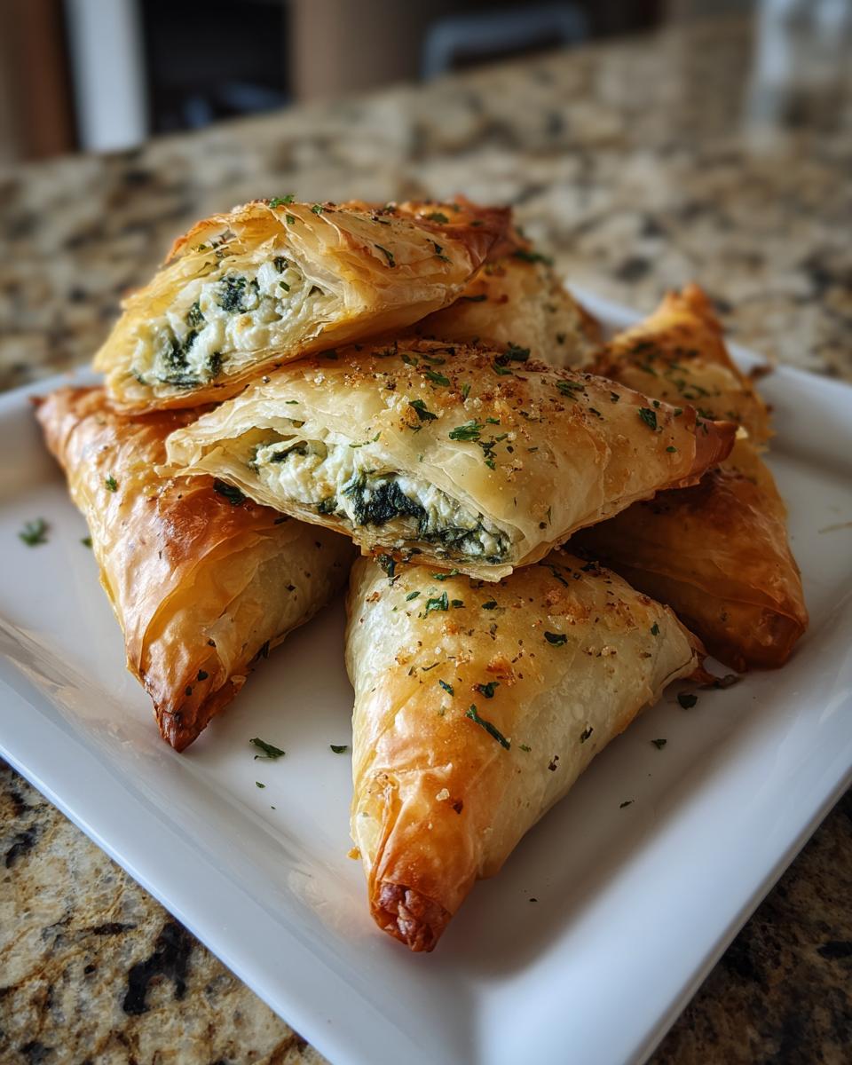 A stack of golden, flaky Mediterranean Spinach and Feta Cheese Crisps, one cut open showing the filling.