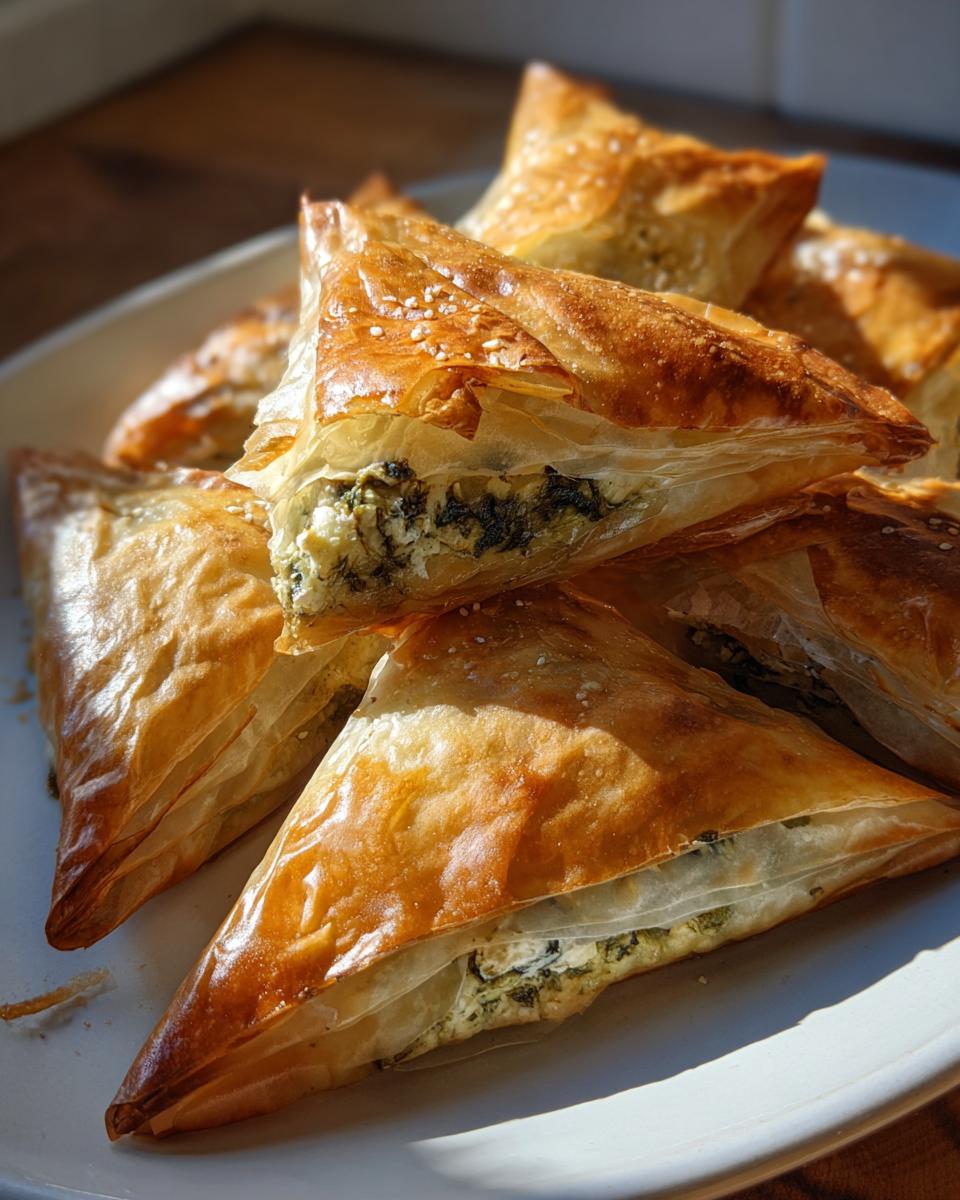 Close-up of flaky, golden-brown Mediterranean Spinach and Feta Cheese Crisps stacked on a white plate.