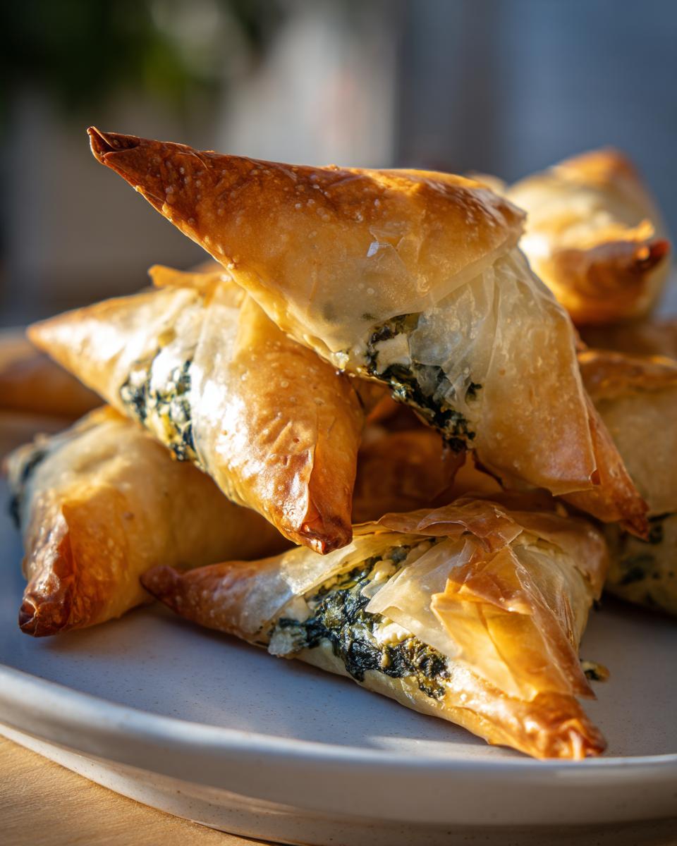 Close-up of golden, flaky Mediterranean Spinach and Feta Cheese Crisps stacked on a white plate.