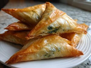 A stack of golden brown, flaky Mediterranean Spinach and Feta Cheese Crisps on a white plate.