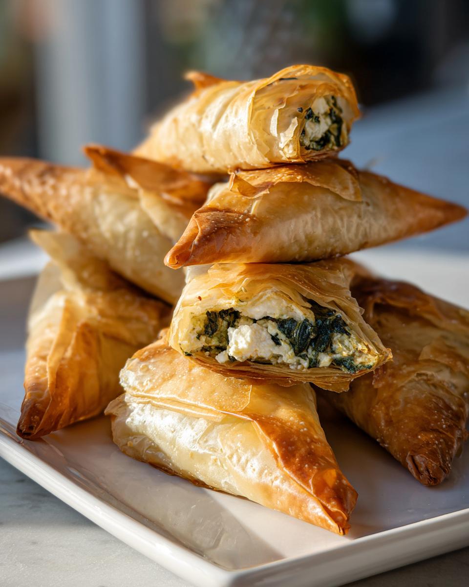 A stack of golden brown Mediterranean Spinach and Feta Cheese Crisps, one cut open showing the filling.
