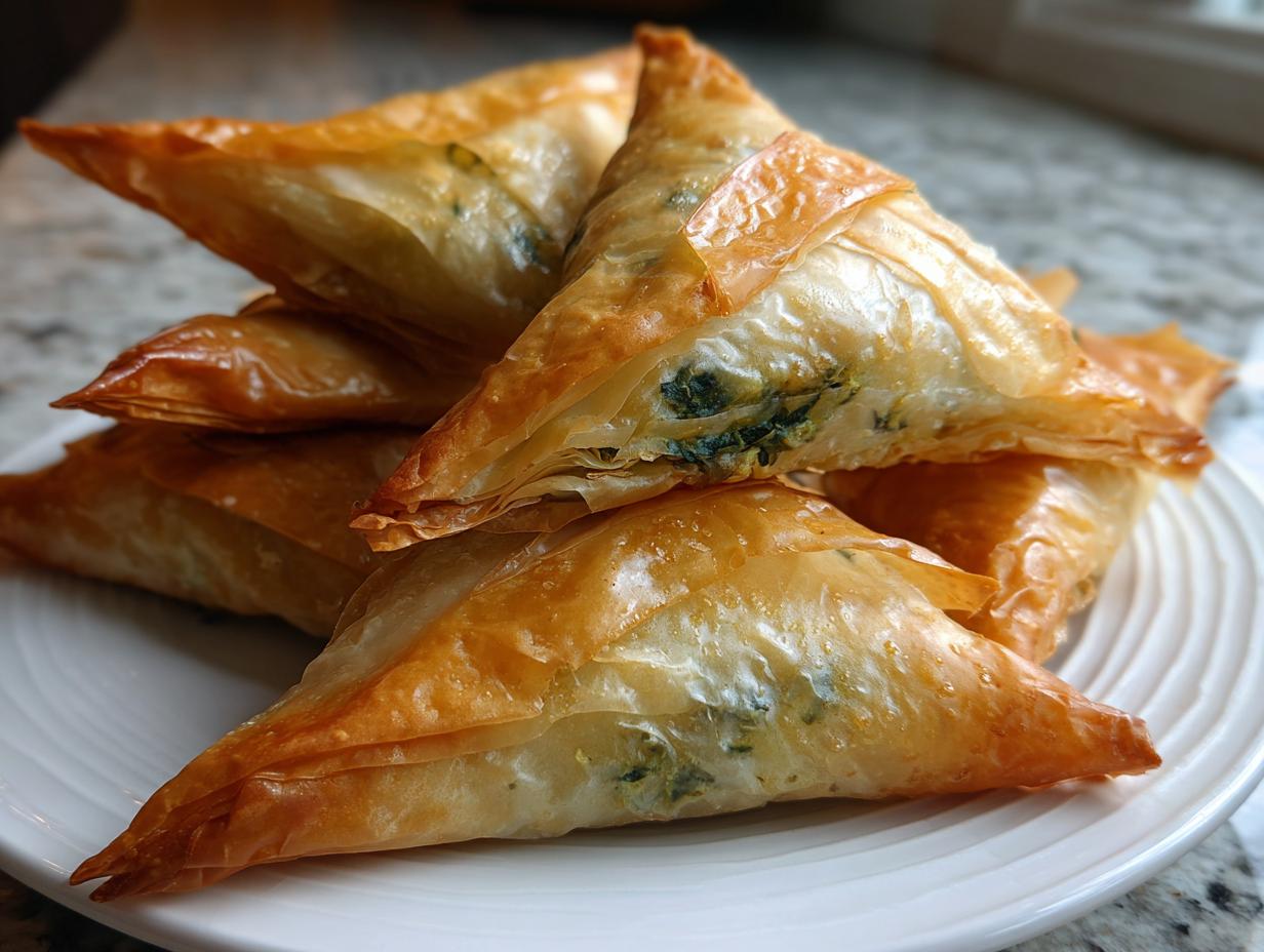 A stack of golden brown, flaky Mediterranean Spinach and Feta Cheese Crisps on a white plate.