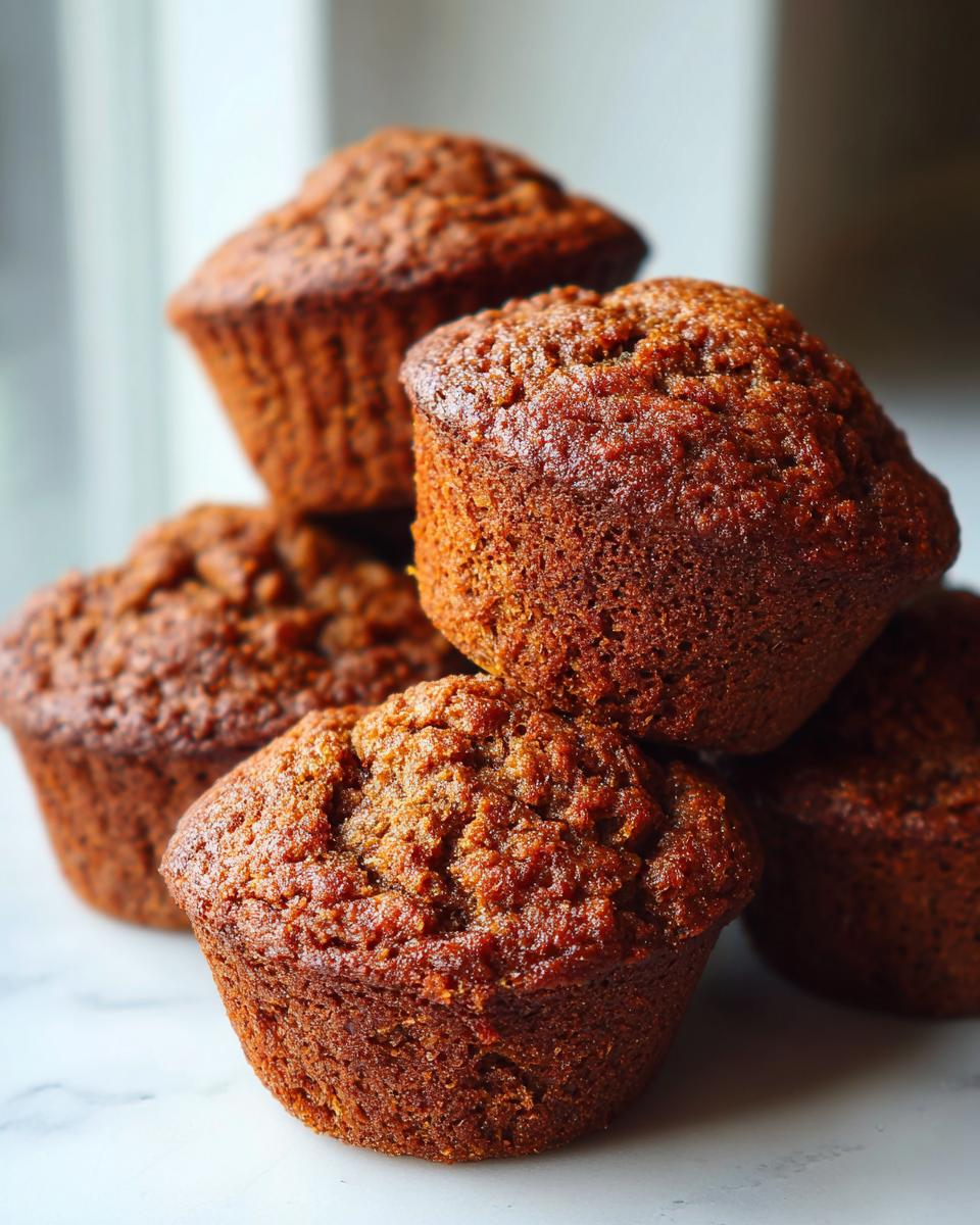 A close-up stack of five freshly baked, moist bran muffins with a rich brown color.