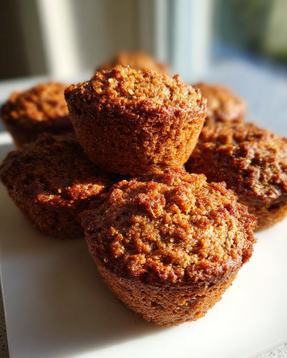 A close-up, sunlit photo showing a stack of freshly baked, moist bran muffins on a white plate.
