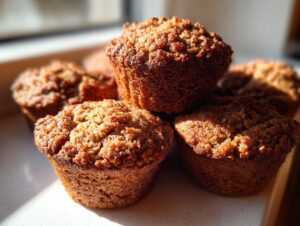 A close-up stack of several freshly baked, moist bran muffins with crumbly tops, highlighted by bright sunlight.