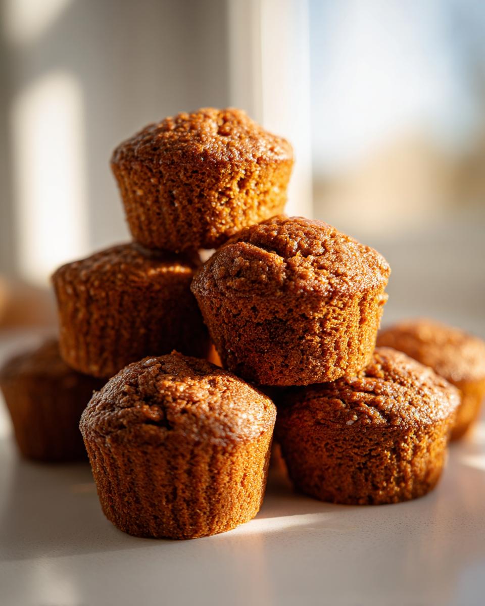 A close-up stack of freshly baked, moist bran muffins catching the sunlight on a white surface.