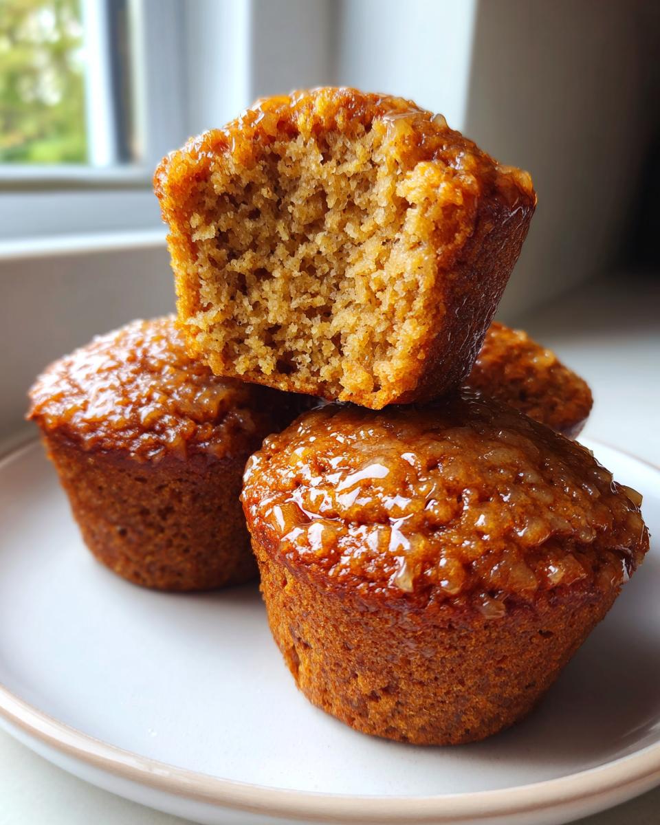 Close-up of moist honey bran muffins stacked, showing the rich texture and shiny honey glaze.