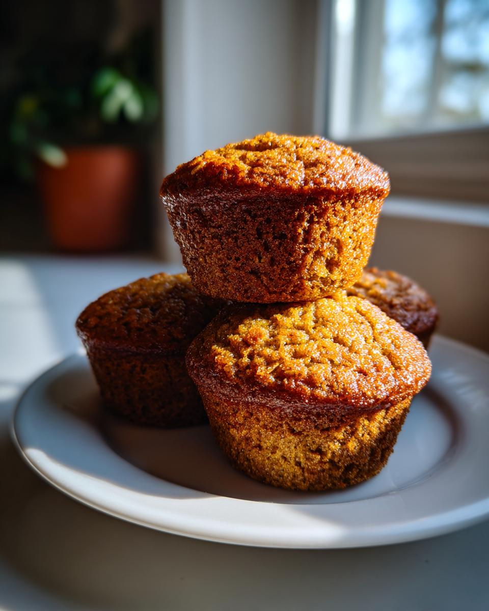 A stack of three golden brown, moist honey bran muffins sitting on a white plate near a window.