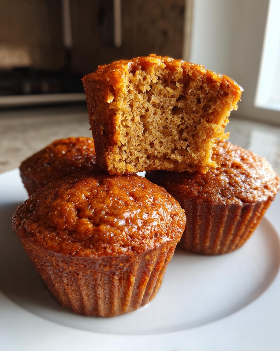 Close-up of moist honey bran muffins stacked, with one broken open showing a soft, textured interior.