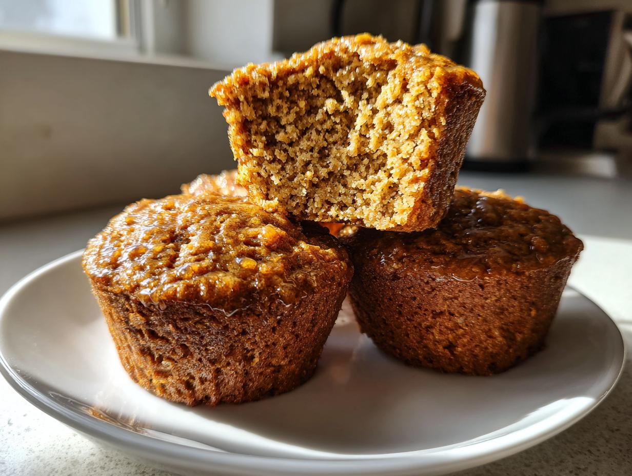 Three moist honey bran muffins stacked on a white plate, one broken open showing the texture.