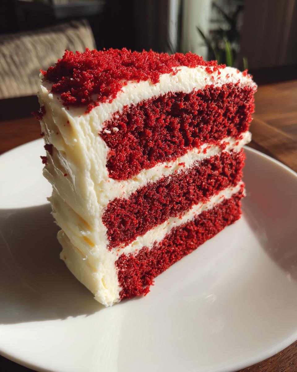 A tall, moist slice of red velvet cake with three layers and thick cream cheese frosting, topped with red crumbs.