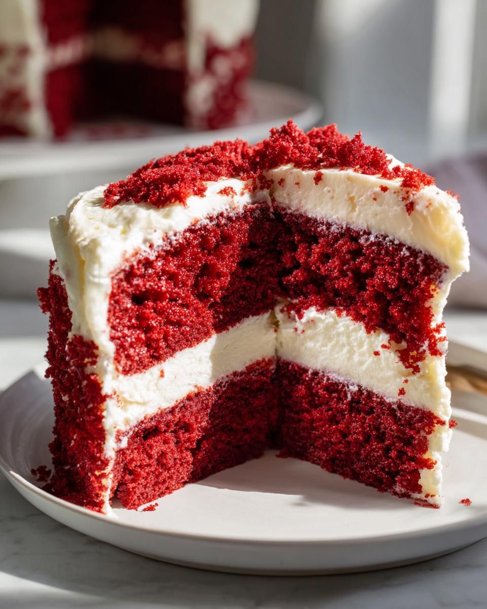 Close-up of a moist slice of red velvet cake showing two vibrant red layers separated by thick cream cheese frosting.