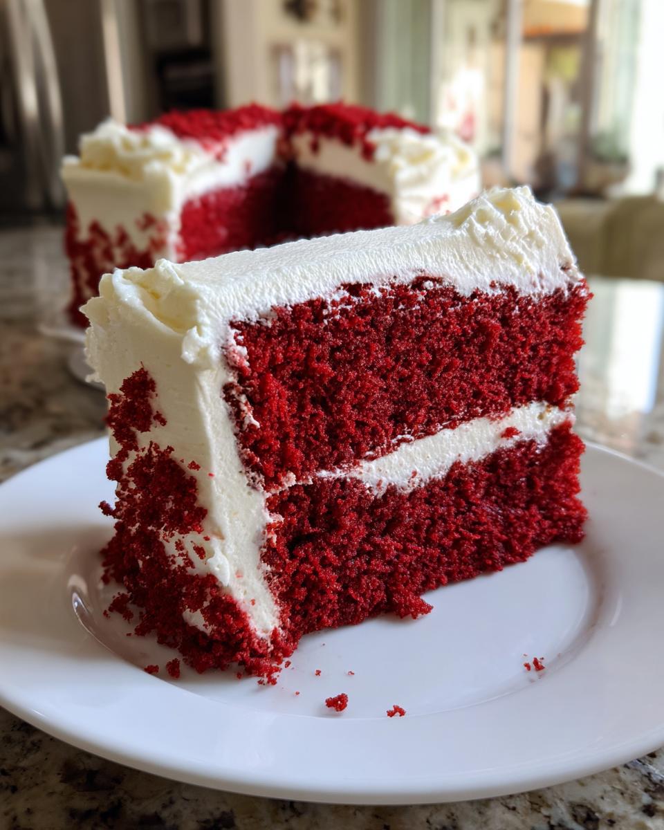 A perfect slice of moist red velvet cake layered with thick white cream cheese frosting, served on a white plate.
