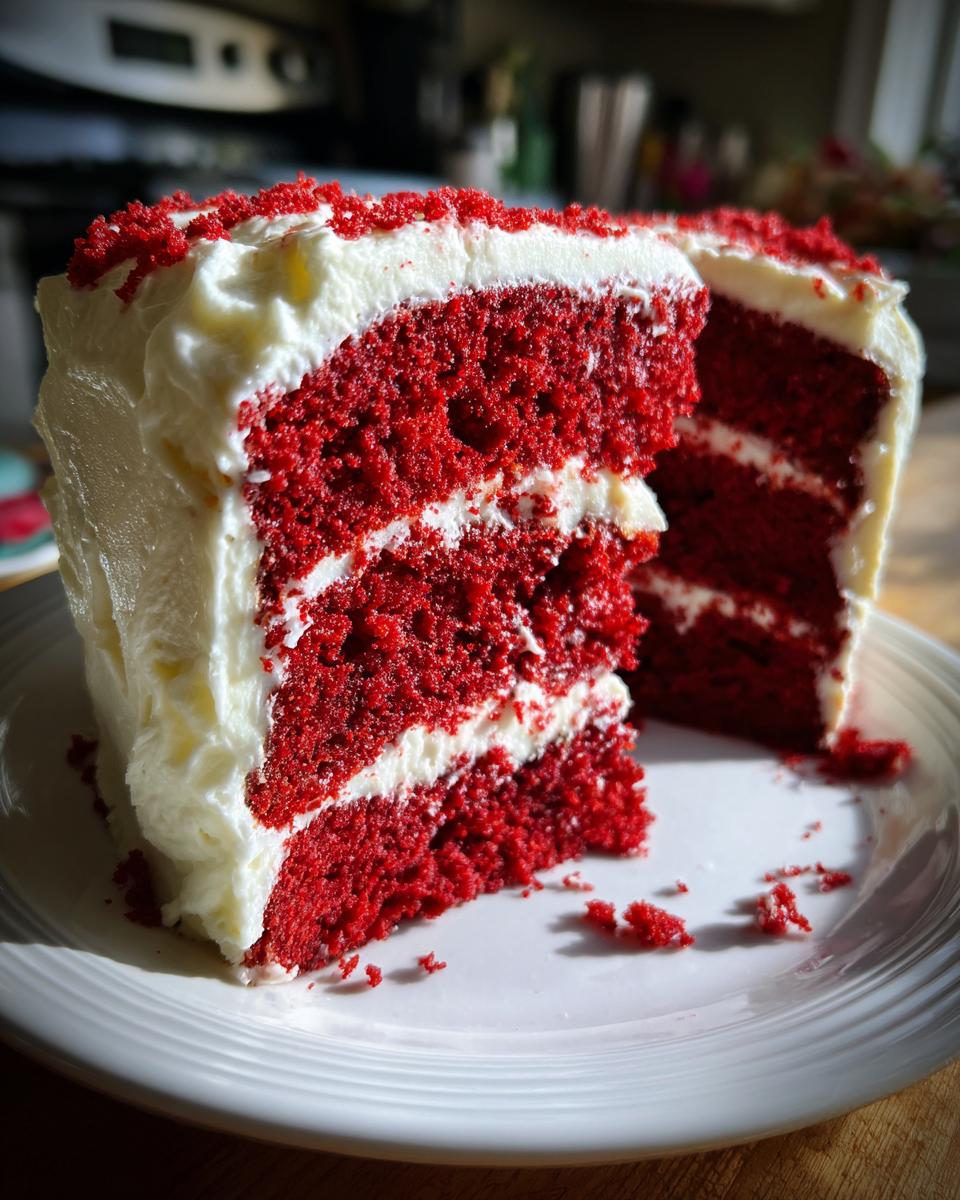 A thick, moist slice of red velvet cake layered with white cream cheese frosting, sitting on a white plate.