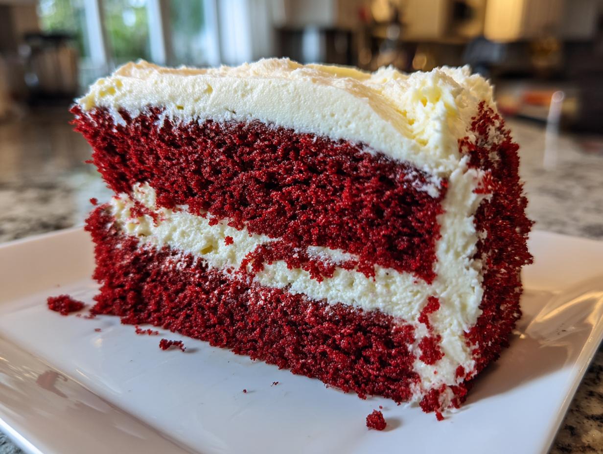 A close-up of a tall, moist slice of red velvet cake layered with thick cream cheese frosting.