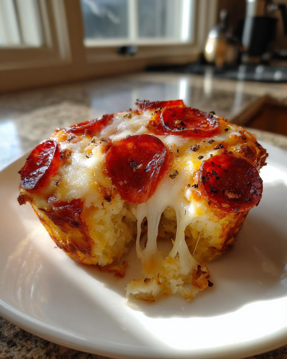 A close-up of a single pepperoni pizza muffin being pulled apart, showing melted, stringy cheese.