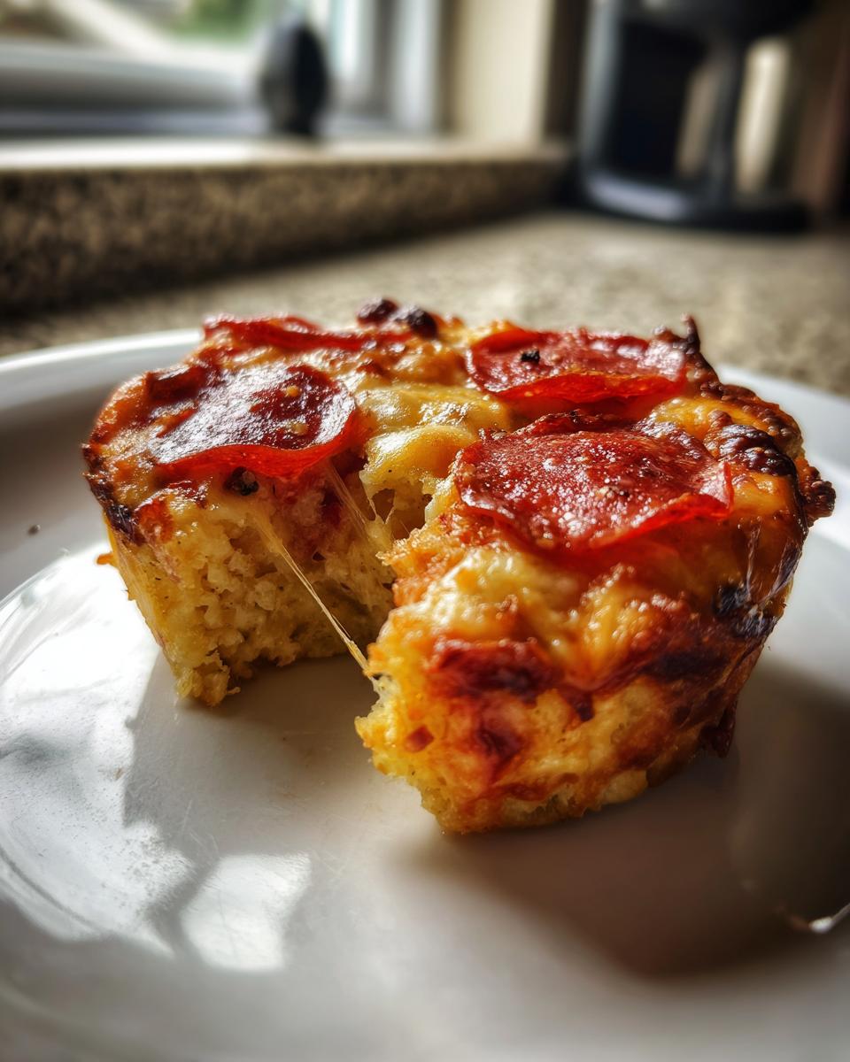 A close-up of a broken Pizza Muffins showing melted cheese stretching between the two halves, topped with pepperoni.