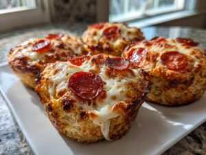Four golden brown Pizza muffins topped with melted mozzarella cheese and pepperoni slices, served on a white plate.