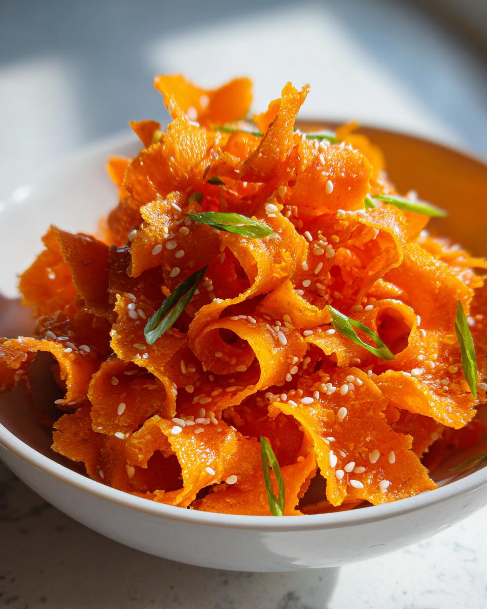 Close-up of a bright orange raw carrot salad made with shaved ribbons, topped with sesame seeds and green onions.