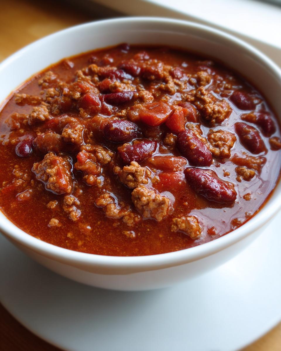 Close-up of a white bowl filled with rich, thick crockpot chili featuring ground beef and kidney beans in a deep red sauce.