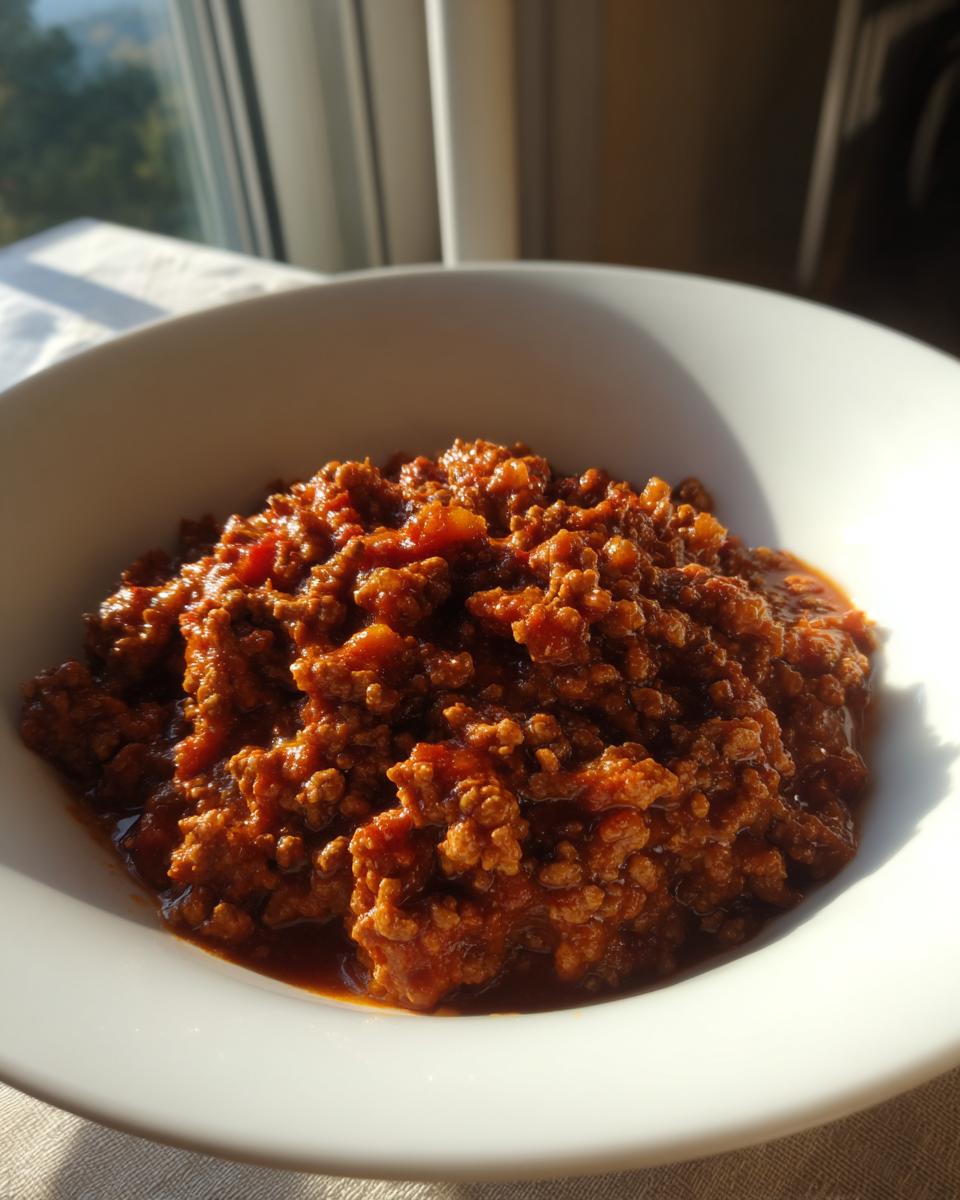 Close-up of rich, thick crockpot chili with ground meat and tomato sauce in a white bowl.