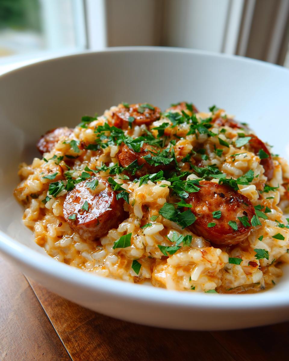 A close-up of creamy sausage and rice skillet topped with fresh parsley in a white bowl.