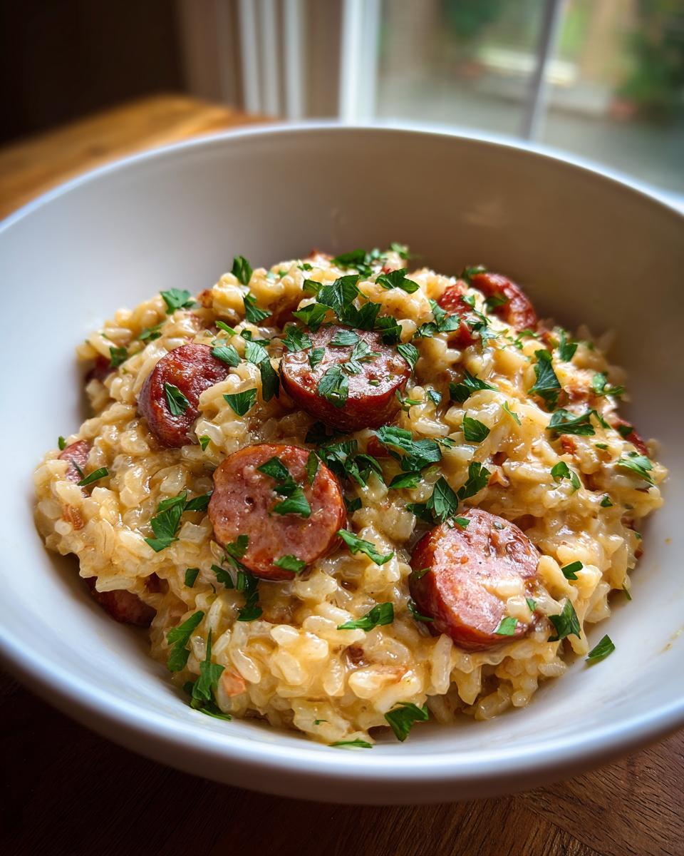 Close-up of creamy sausage and rice skillet topped with fresh parsley in a white bowl.