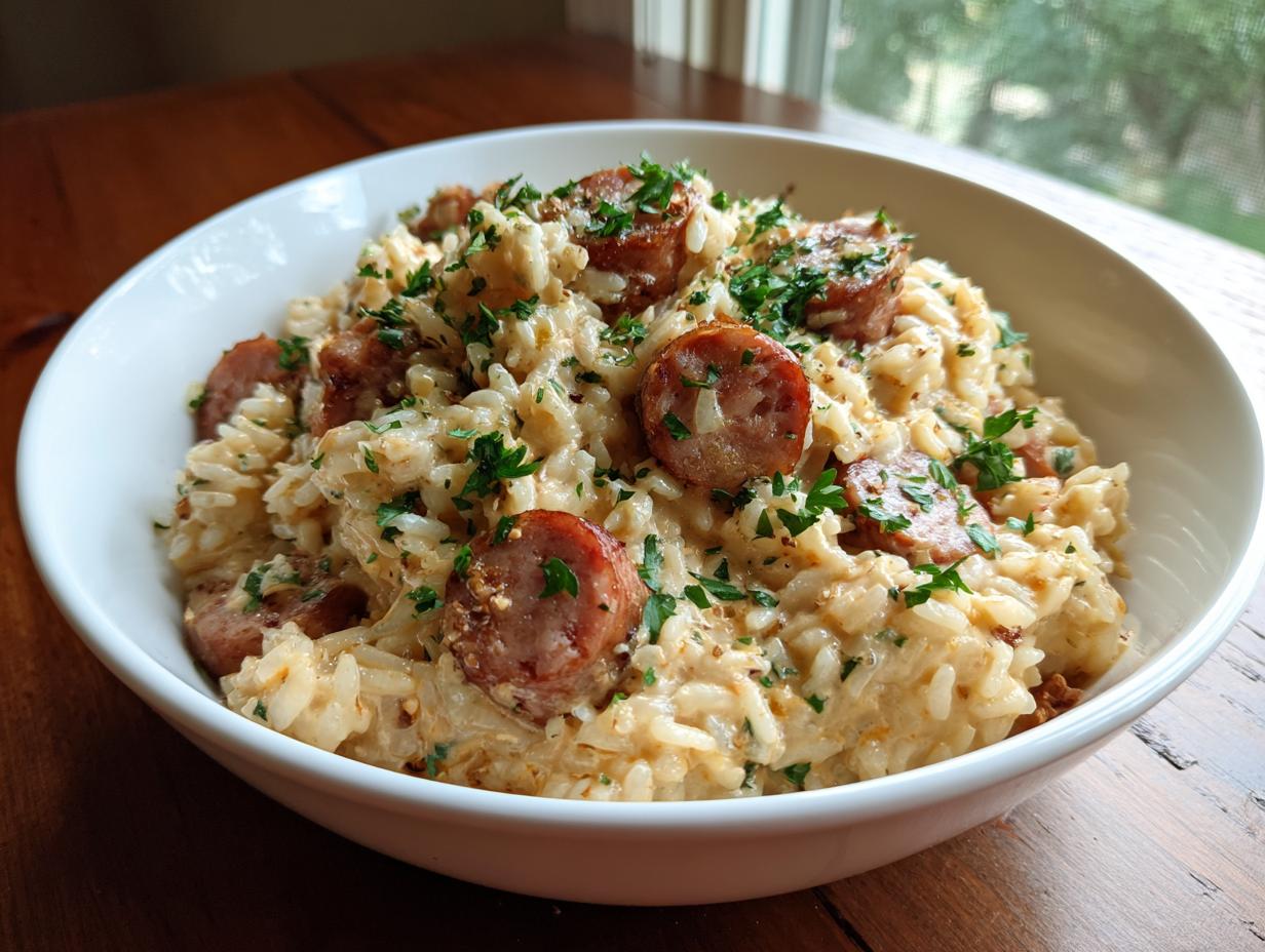 A close-up of a creamy sausage and rice skillet dish, garnished with fresh parsley, served in a white bowl.