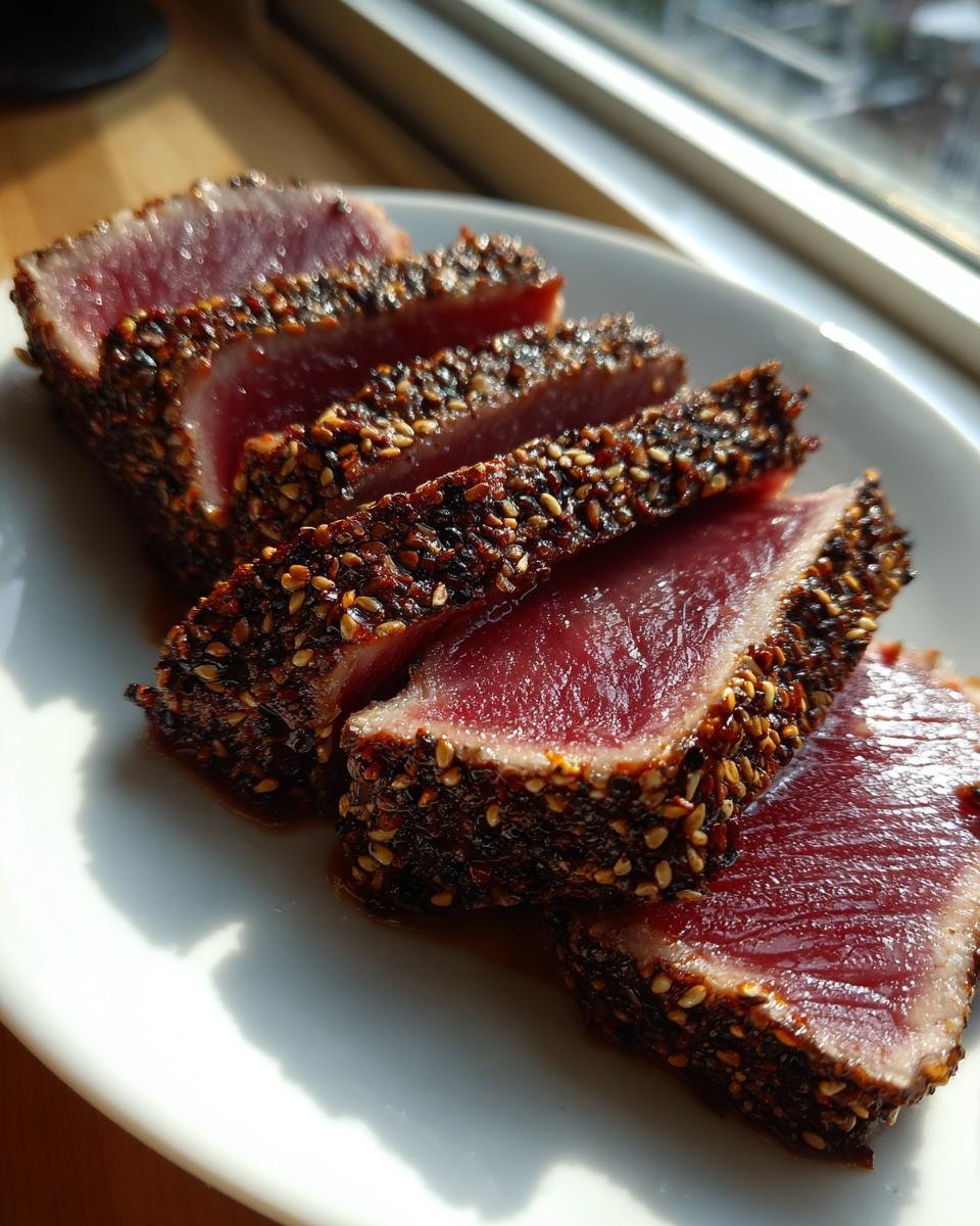 Slices of perfectly cooked Seared Ahi Tuna with a dark sesame seed crust, showing a bright red, rare center.