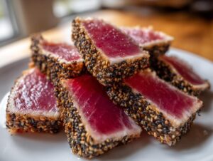 Close-up of several slices of perfectly cooked Seared Ahi Tuna, crusted heavily with black and white sesame seeds.