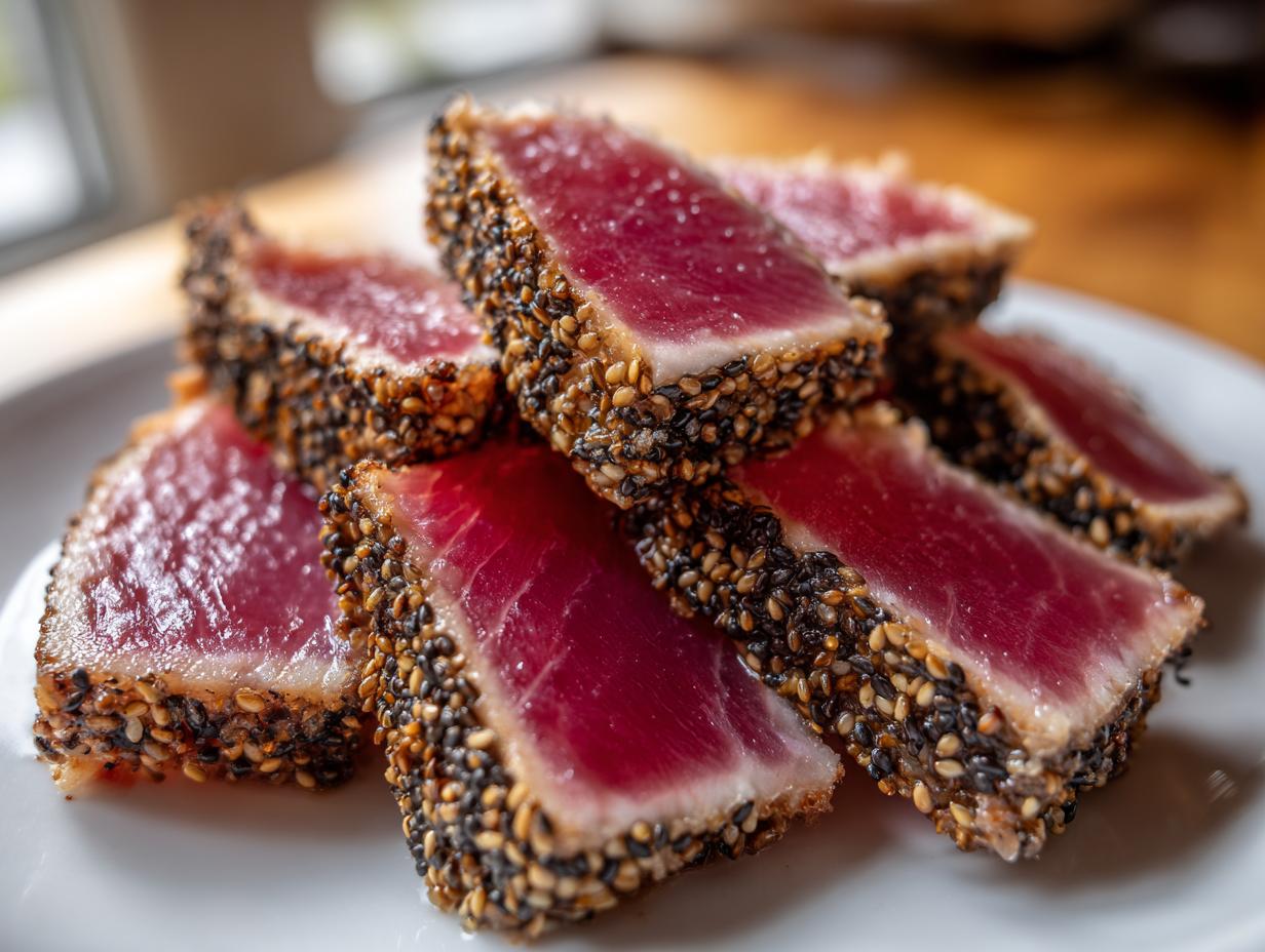 Close-up of several slices of perfectly cooked Seared Ahi Tuna, crusted heavily with black and white sesame seeds.