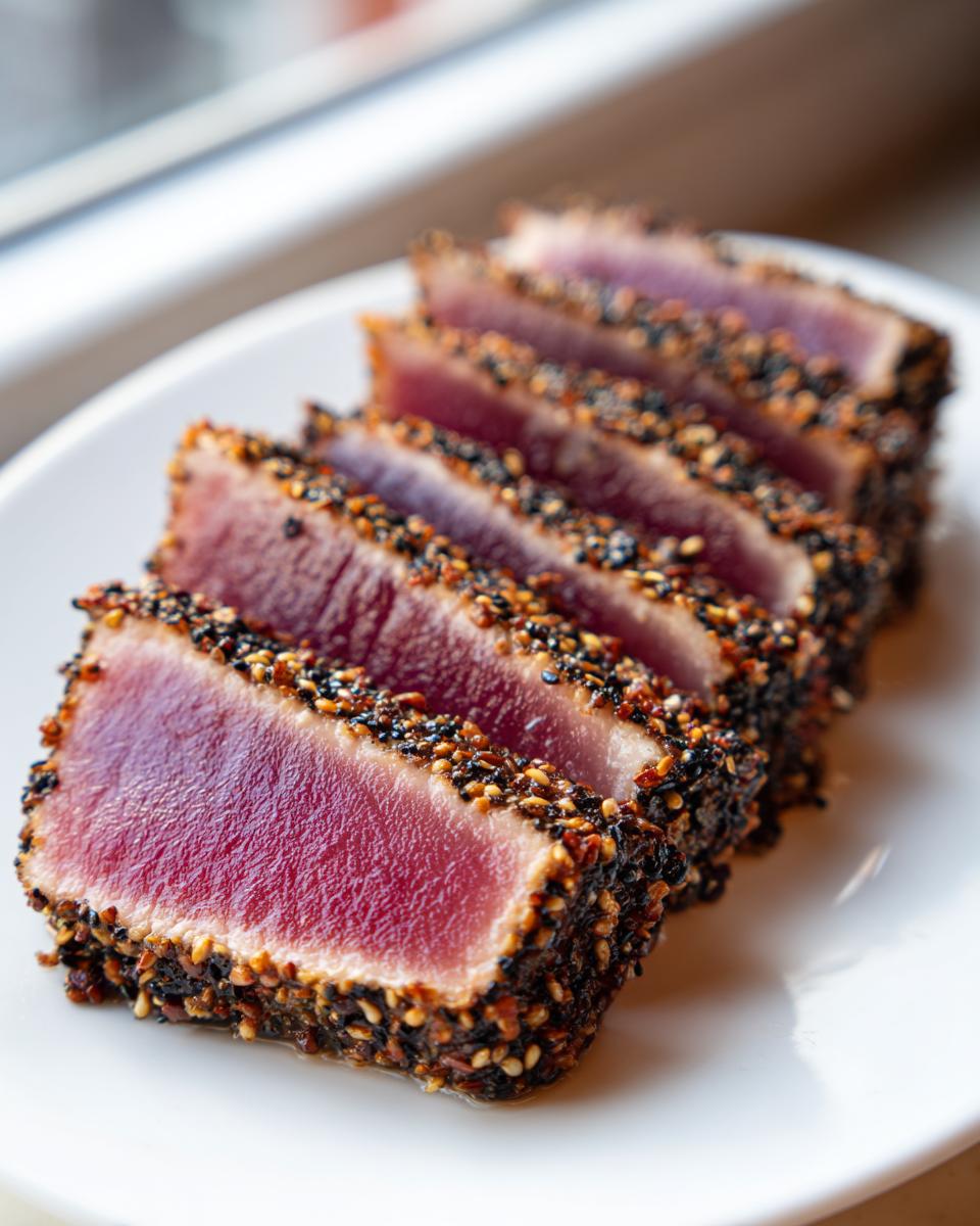 Five slices of perfectly seared ahi tuna, crusted with black and white sesame seeds, showing a bright red interior.