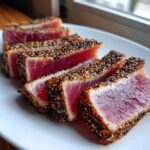 Close-up of perfectly seared ahi tuna slices, coated in a black and white sesame seed crust, showing rare pink center.