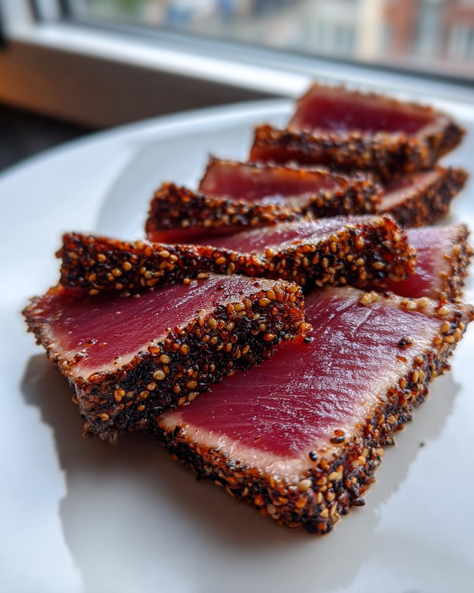 Slices of perfectly cooked Seared Ahi Tuna, showing a rare, deep red center and a dark sesame seed crust.