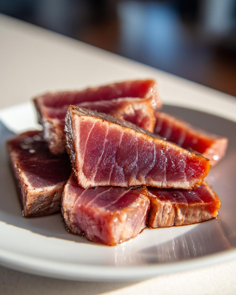 Close-up of perfectly seared tuna steak pieces, showing a dark crust and rare, deep red center, ready after using the MARINADE FOR TUNA STEAK.