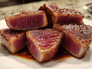 Close-up of seared tuna steak pieces, perfectly rare inside, showing the crust from the MARINADE FOR TUNA STEAK.