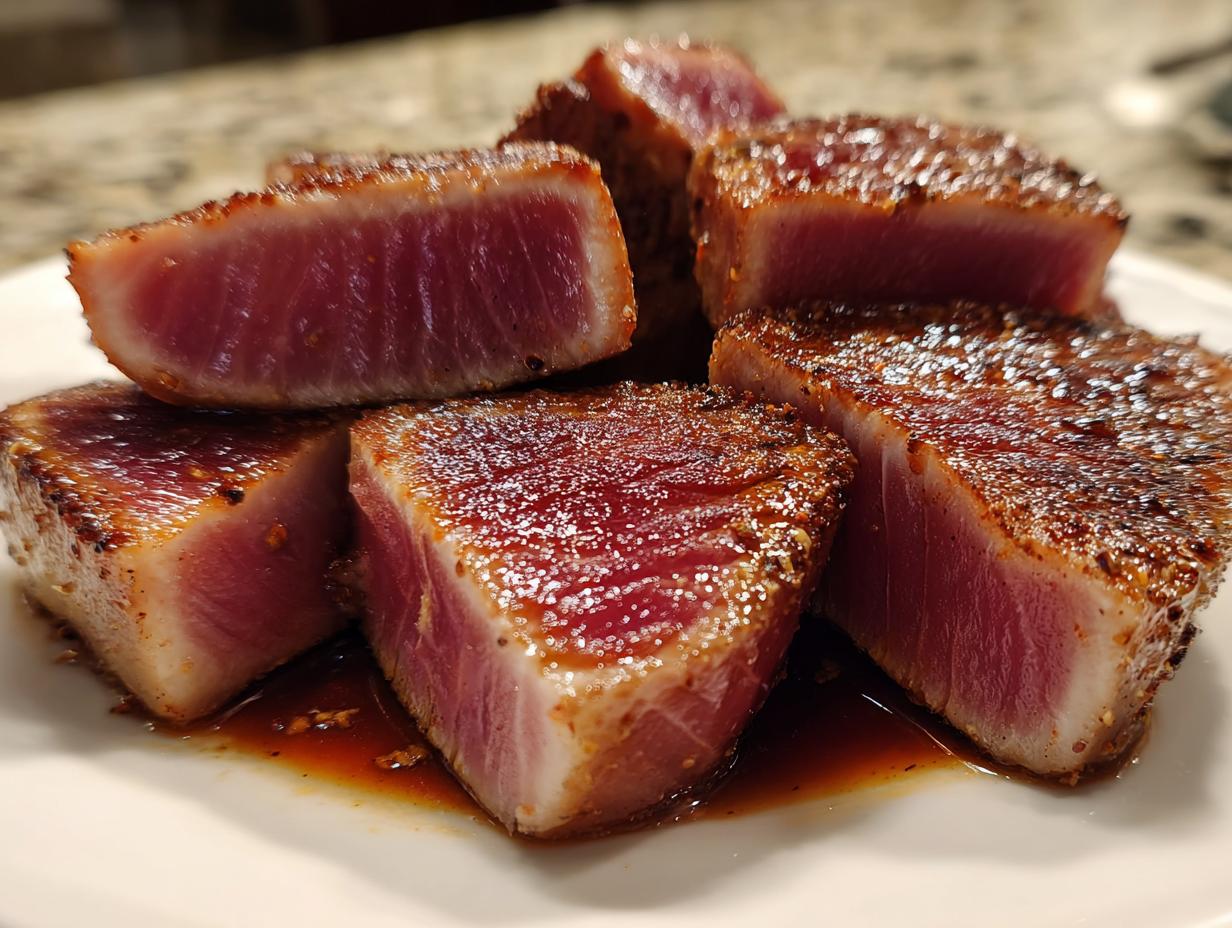 Close-up of seared tuna steak pieces, perfectly rare inside, showing the crust from the MARINADE FOR TUNA STEAK.