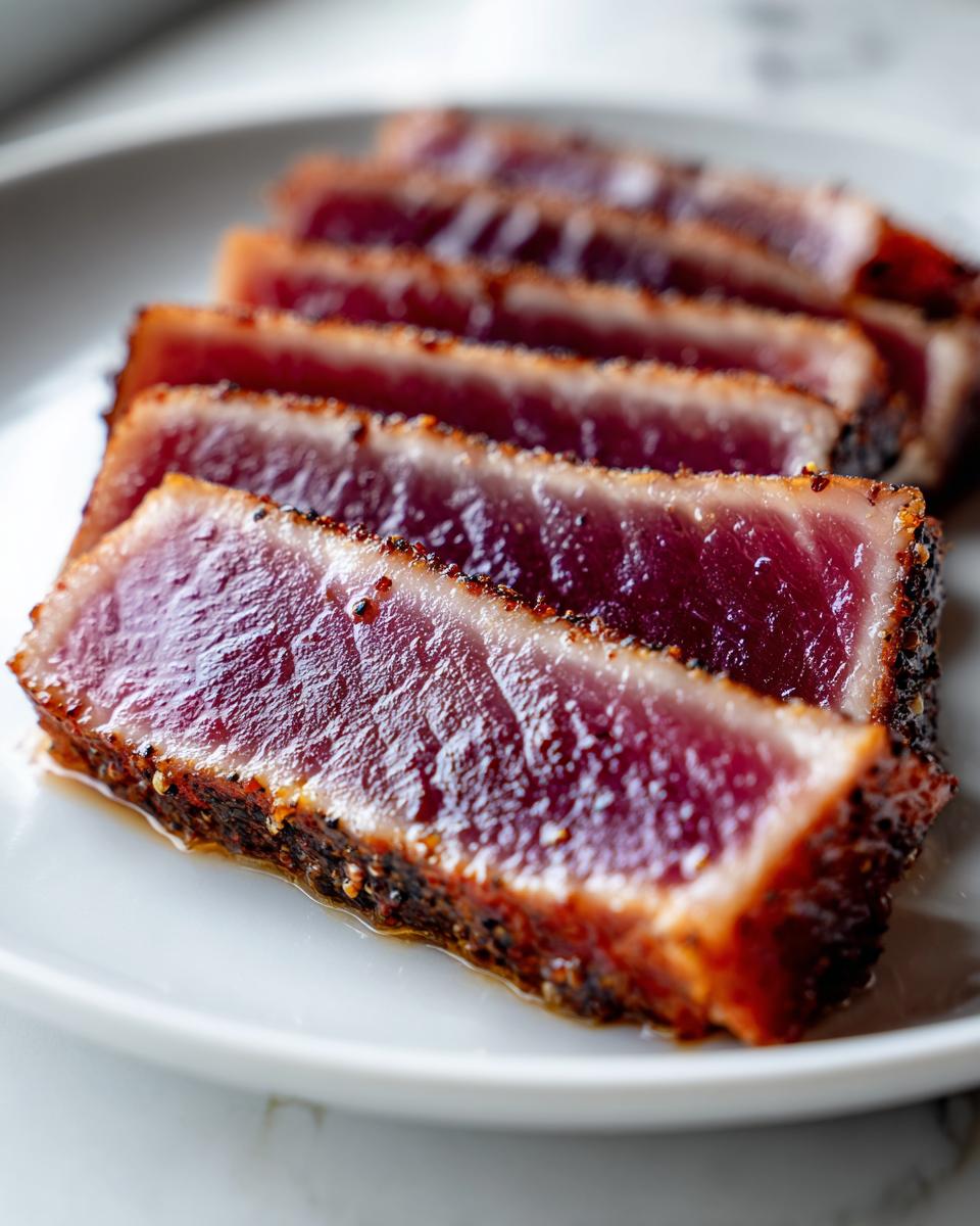 Close-up of perfectly seared tuna steak, sliced to show a rare, deep red center, prepared with a MARINADE FOR TUNA STEAK.