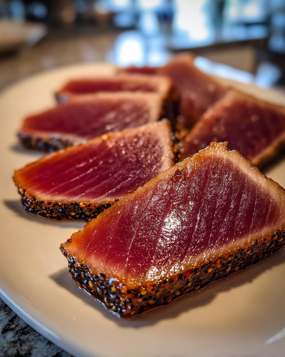 Close-up of perfectly seared tuna steak slices, showing a dark pepper crust and rare red center, ready to eat.