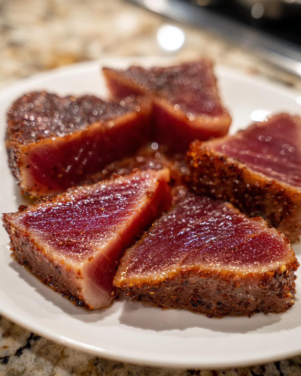 Four perfectly seared and sliced tuna steak pieces showing a rare, deep red center after using the MARINADE FOR TUNA STEAK.